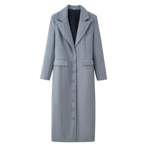 Women's elegant grey long wool blend coat with lapel collar and waist-tightening fit
