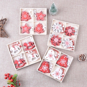 Christmas wooden hanging ornaments set in red and white colors with wooden box packaging