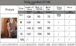 Detailed size chart for slim fit one-shoulder satin dress with side slit measurements