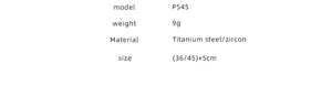 Detailed specifications table for P545 titanium steel necklace with 9g weight and zirconia