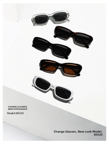 Close-up of retro rectangular sunglasses in various colors on white geometric platforms