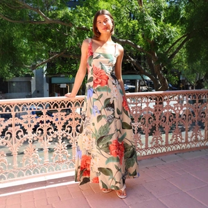 French vintage floral maxi dress with square neckline and bohemian summer print