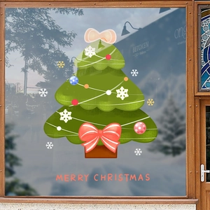 Grüner Weihnachtsbaum Fensteraufkleber mit roten Schleifen und Merry Christmas Schrift