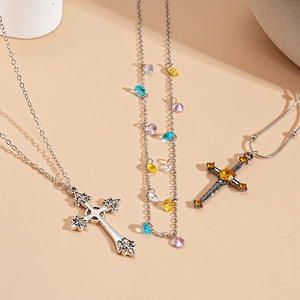 Vintage metal cross and butterfly bow necklace set with colorful zircon stones