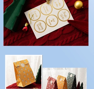Macro shot of gold Christmas seal stickers on colorful paper gift bags with festive patterns
