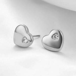 Minimalist 12mm silver stainless steel heart stud earrings with sparkling heart-shaped zircon