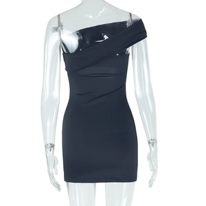 Detail view of the black bodycon mini dress with elegant one-shoulder off-shoulder design