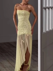 Strapless Sequin Evening Gown With Ruffles High Slit Mesh Patchwork Elegant Party Dress For Women Sexy