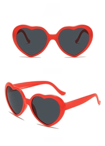 Front and 45-degree angle views of red heart-shaped sunglasses with dark lenses