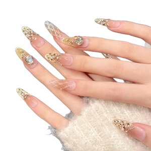 French chic almond press-on nails with white grid, pearls, and crystals for women