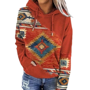 Women's vintage geometric print orange hoodie with drawstring hood and loose fit