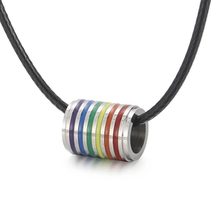 Rainbow striped stainless steel cylinder pendant necklace on black cord for men and women