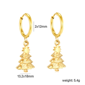 Detailed view of gold Christmas tree earrings with size dimensions and product weight
