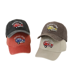 Kids vintage washed cotton baseball caps with motor club car embroidery in four colors