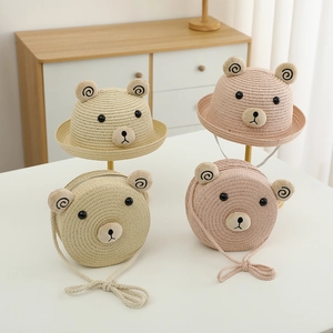 Ensemble chapeau de paille et sac bandoulière ours pour enfant protection solaire