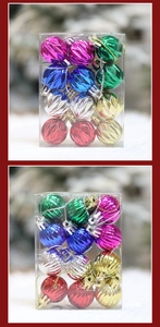 Detail of 3cm colorful Christmas baubles with diamond facets and striped textures in a set