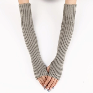 Close-up of long grey knitted arm sleeves with vertical ribbed texture for winter