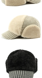 Detailed view of warm winter earflap hats featuring plush faux fur and plaid fabric