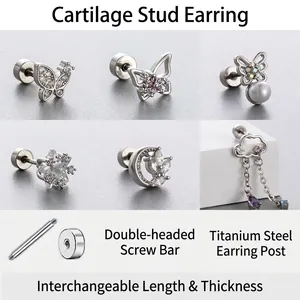 Titanium Steel Stud Earrings With Zircon Butterfly Star Moon Cloud Tassel Flat Back Screw Piercing Jewelry For Women