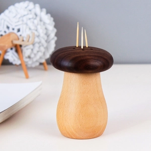 Japanese style black walnut mushroom toothpick holder made of natural beech wood