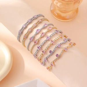 Tennis Bracelet Pink Zircon Copper Jewelry Marquise Square Round Stone Luxury Adjustable Fashion Elegant Accessory Women