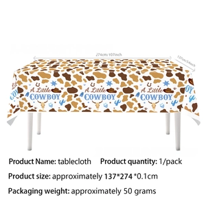 Blue and brown western cowboy plastic tablecloth with cow print and star cactus details