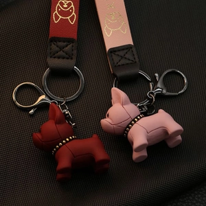 Süße Französische Bulldogge Schlüsselanhänger mit Goldfolien-Lederband für Taschen