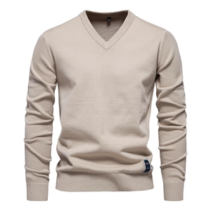 Men V-Neck Knit Sweater Long Sleeve Cotton Blend Slim Fit Solid Color Casual Stretchy Pullover Lightweight