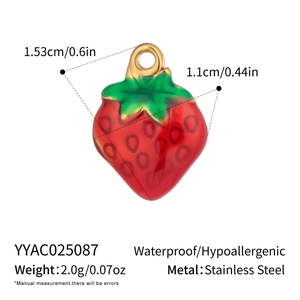 Detailed view of strawberry charm dimensions and material specs for DIY jewelry