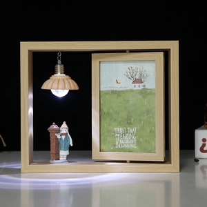 Cadre photo rotatif double face en bois 10x15 avec lampe LED et décor de lapin