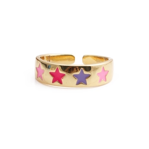 Close-up of gold plated ring featuring colorful enamel star charms on a white background