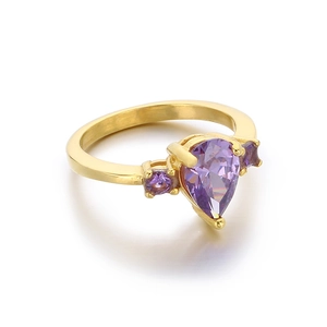 Minimalist gold stainless steel ring featuring a pear-shaped purple zircon center stone