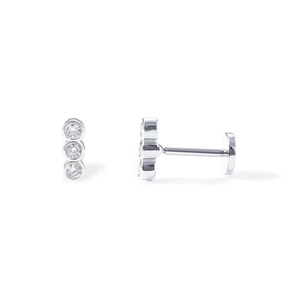 Close-up of S925 sterling silver earring with three clear stones and a flat back stud