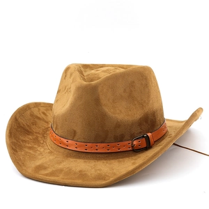 Classic tan suede western cowboy hat with a decorative orange leather buckled band