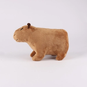 Detailed close-up of a brown capybara plush toy with soft fur on a white background
