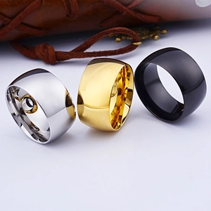 Polished titanium steel wide rings set in silver, gold, and black finishes