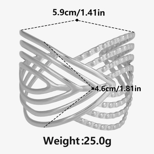 Detailed size chart for the geometric layered hollow cuff bracelet in silver finish