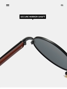 Detail of secure metal hinge connecting black frame and wood grain temple of sunglasses