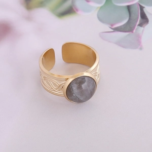 Vintage stainless steel open ring with round grey natural stone and gold wave carvings