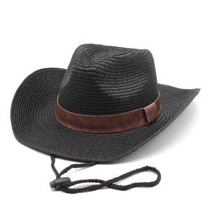 Black straw western cowboy hat with wide brim, brown leather band, and windproof strap