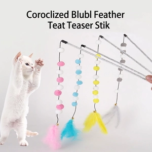 Colorful plush ball cat wand with feathers and bells for interactive pet play