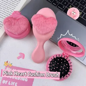 Pink Heart Shaped Plush Air Cushion Hairbrush And Portable Folding Mirror Comb Cute Kawaii Hair Styling Tool For Women Girls