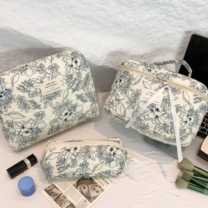 Three-piece set of blue floral quilted cosmetic bags including wash bag and pouch