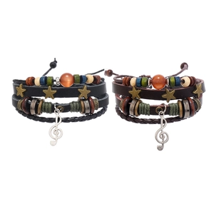 Vintage Multi-Layer Braided Leather Bracelet Men Music Note G-Clef Star Charm Adjustable Wood Beaded Punk Rock