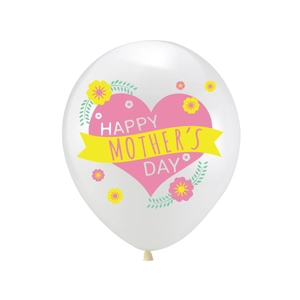White Mother's Day latex balloon with Happy Mother's Day text and pink floral patterns