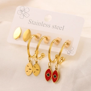 18K gold plated stainless steel earring set with red enamel charms and classic hoops