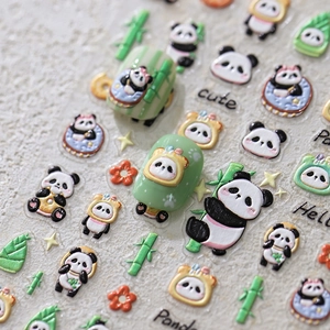 3D embossed panda nail art stickers with bamboo and floral motifs in matte finish