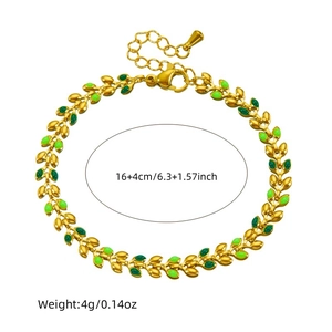 Gold leaf link bracelet in green enamel with adjustable lobster clasp closure