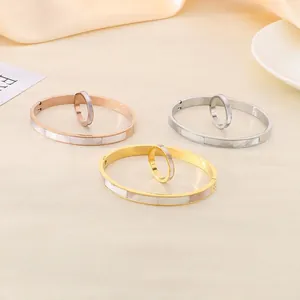 Stainless Steel Bangle And Ring Mother Of Artificial Pearl Inlay Minimalist Luxury Geometric Design For Women