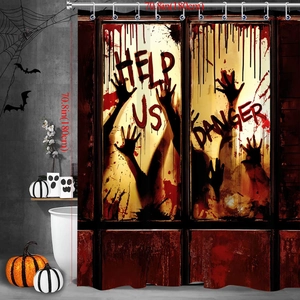 Macro view showing the 180x180cm Halloween shower curtain with Help Us bloody handprints